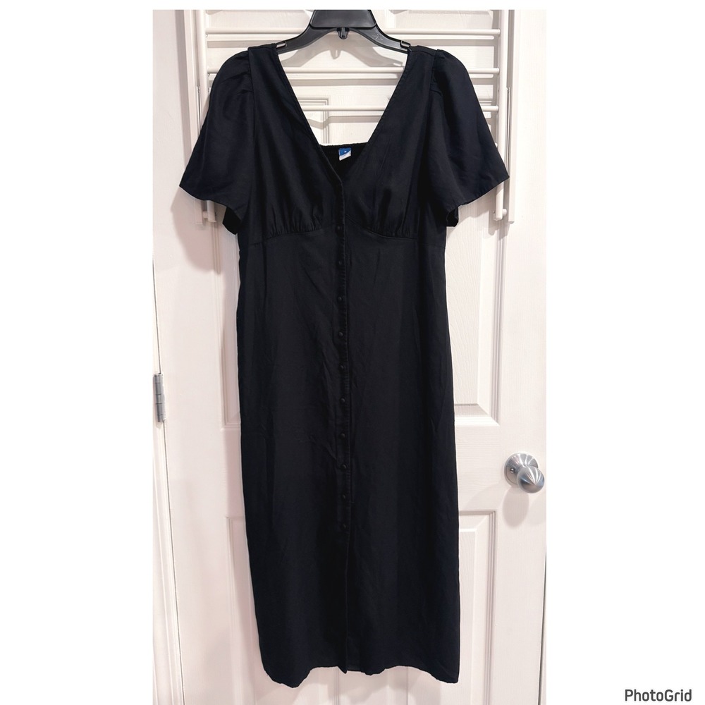 Old Navy Black A-Line Smocked Midi Dress Button Front Peasant Cottagecore Med
